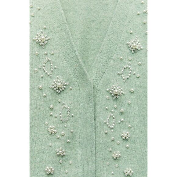 Green Zara Pearl Embellished Button Front Long Sleeve Cardigan Sweater (NWT) - Picture 6 of 8